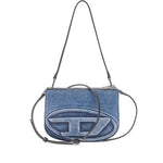 Diesel 1DR Twin denim shoulder bag with embossed logo, light blue with two zip-fastening compartments and adjustable strap.