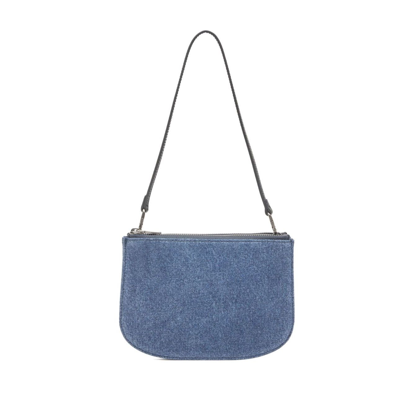 Diesel 1DR Twin denim shoulder bag in light blue with dual zip compartments, detachable handle, and embossed logo.