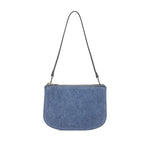 Diesel 1DR Twin denim shoulder bag in light blue with dual zip compartments, detachable handle, and embossed logo.