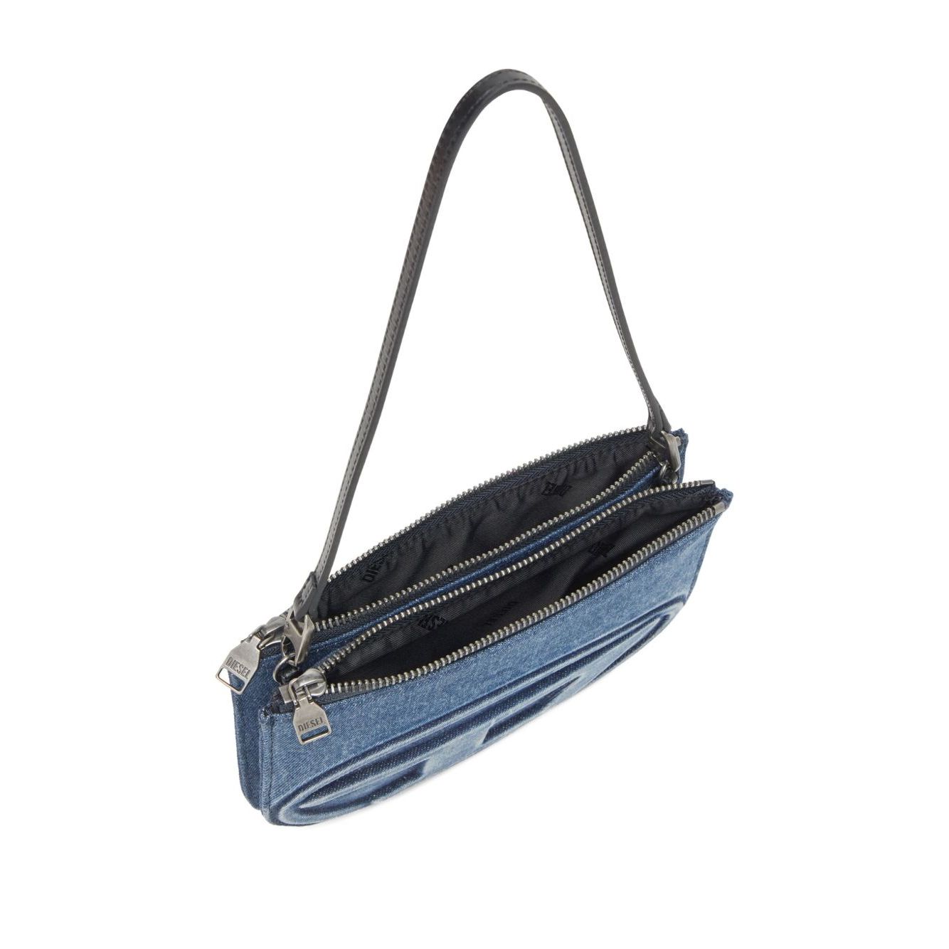Diesel 1DR Twin denim shoulder bag with two zip-fastening compartments and adjustable strap in light blue.