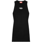 Diesel Dresses Black fine ribbed crew neck sleeveless mini dress with oval D logo plaque, straight hem, and thigh-length fit.