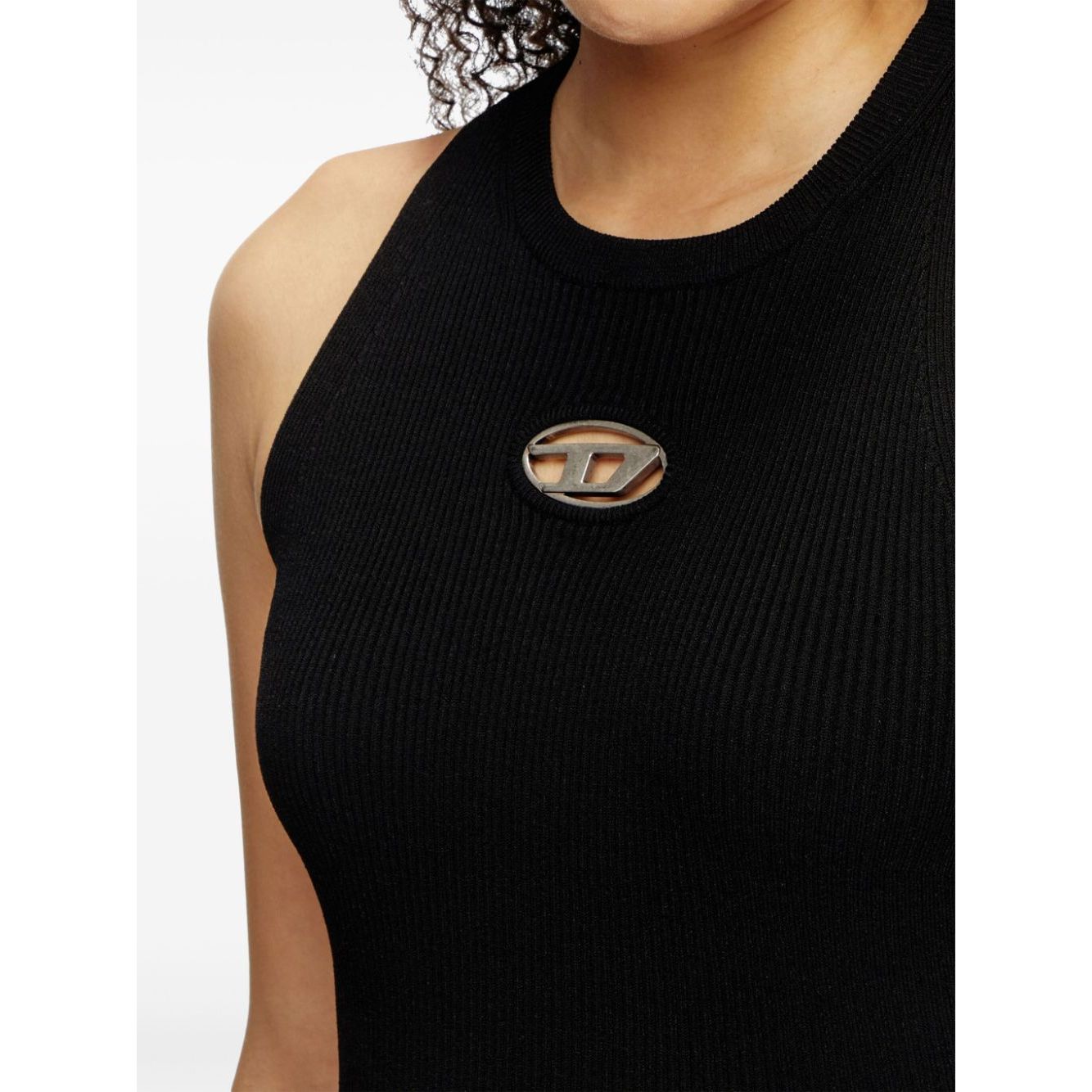 Diesel Dresses Black - close-up of black fine ribbed crew neck mini dress with Oval D logo plaque, sleeveless and slim cut.