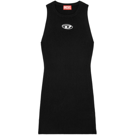 Diesel Dresses Black fine ribbed crew neck sleeveless mini dress with oval D logo plaque, straight hem, and thigh-length fit.