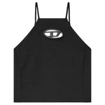 Diesel Top Black with halterneck, adjustable spaghetti straps, and Oval D logo plaque on a wool blend fabric.