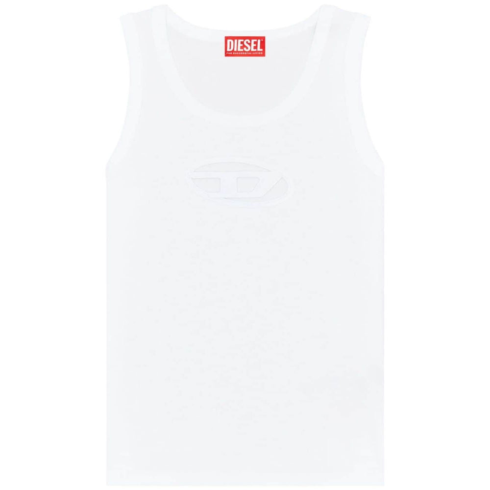 Diesel Top White organic cotton sleeveless crew neck with D logo plaque, straight hem, jersey texture, T-Lynys style.