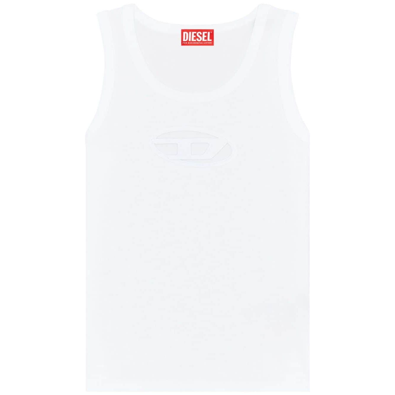 Diesel Top White organic cotton sleeveless crew neck with D logo plaque, straight hem, jersey texture, T-Lynys style.