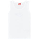 Diesel Top White organic cotton sleeveless crew neck with D logo plaque, straight hem, jersey texture, T-Lynys style.