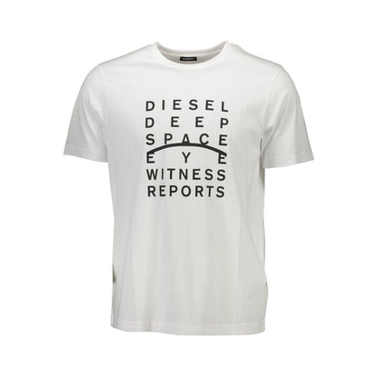 Diesel White Cotton Men T-Shirt with bold print and iconic logo, showcasing casual style and comfort for the modern wardrobe.