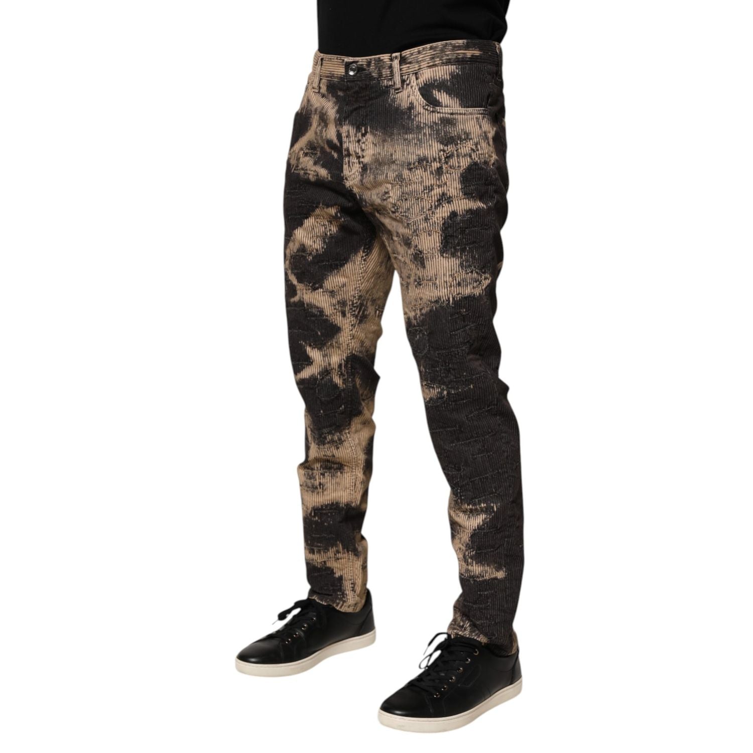 Dolce & Gabbana Beige Black Corduroy Tie-Dye Cotton Blend Pants