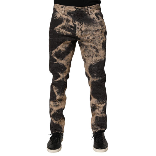 Dolce & Gabbana Beige Black Corduroy Tie-Dye Cotton Blend Pants modeled front view
