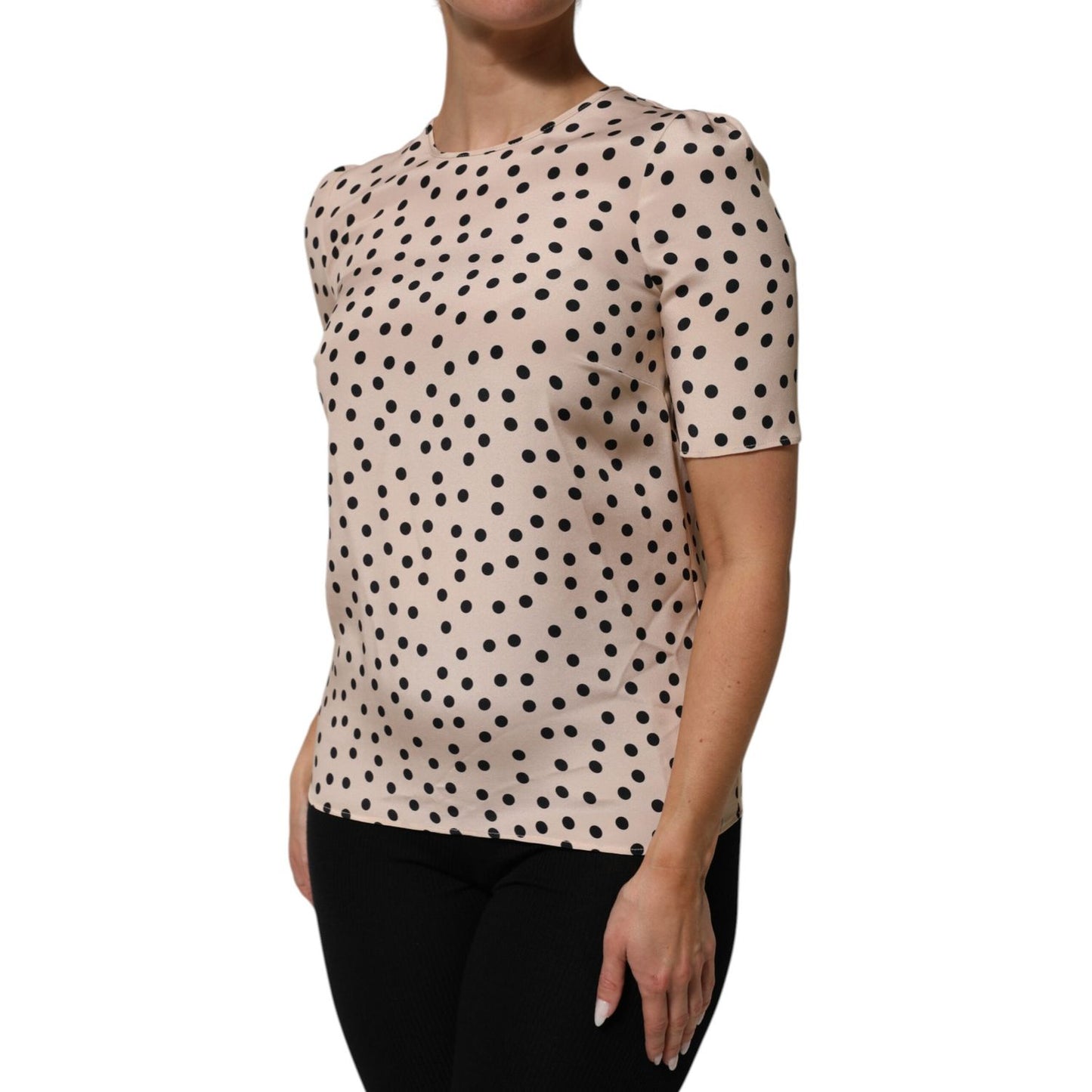 Dolce & Gabbana Beige Black Polka Dot Silk Short Sleeve Blouse Top, elegant and sophisticated design with playful polka dots.