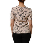Alt Tag: Dolce & Gabbana Beige Black Polka Dot Silk Short Sleeve Blouse Top featuring back button closure model view.