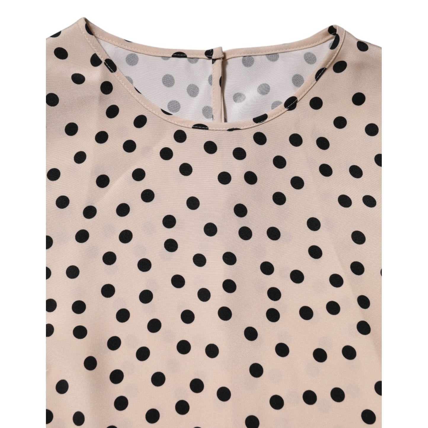 Dolce & Gabbana Beige Black Polka Dot Silk Short Sleeve Blouse Top with elegant round neckline and back button closure.