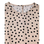 Dolce & Gabbana Beige Black Polka Dot Silk Short Sleeve Blouse Top with elegant round neckline and back button closure.