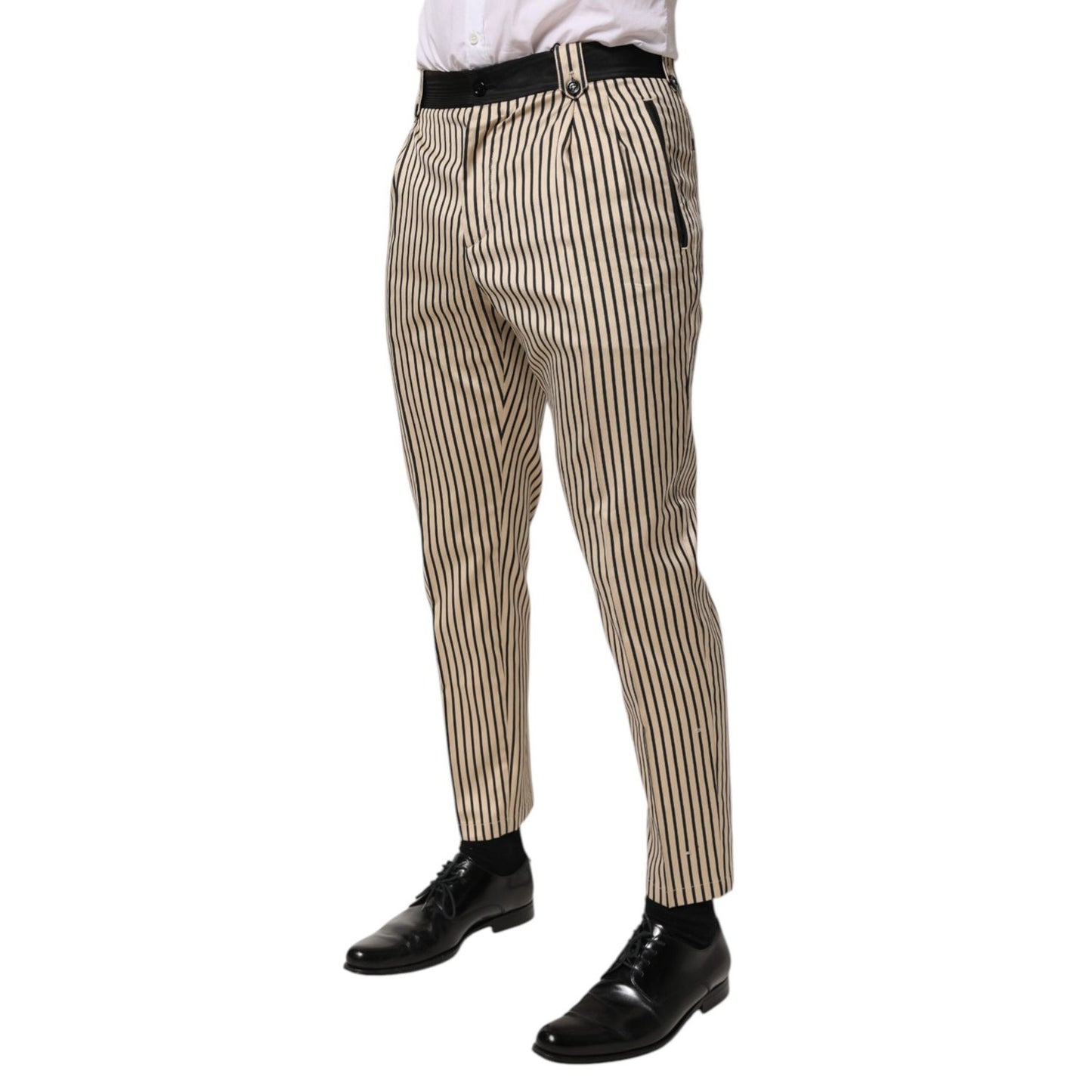 Dolce & Gabbana Beige Black Striped Cotton Slim Fit Trousers Pants featuring a tapered design.