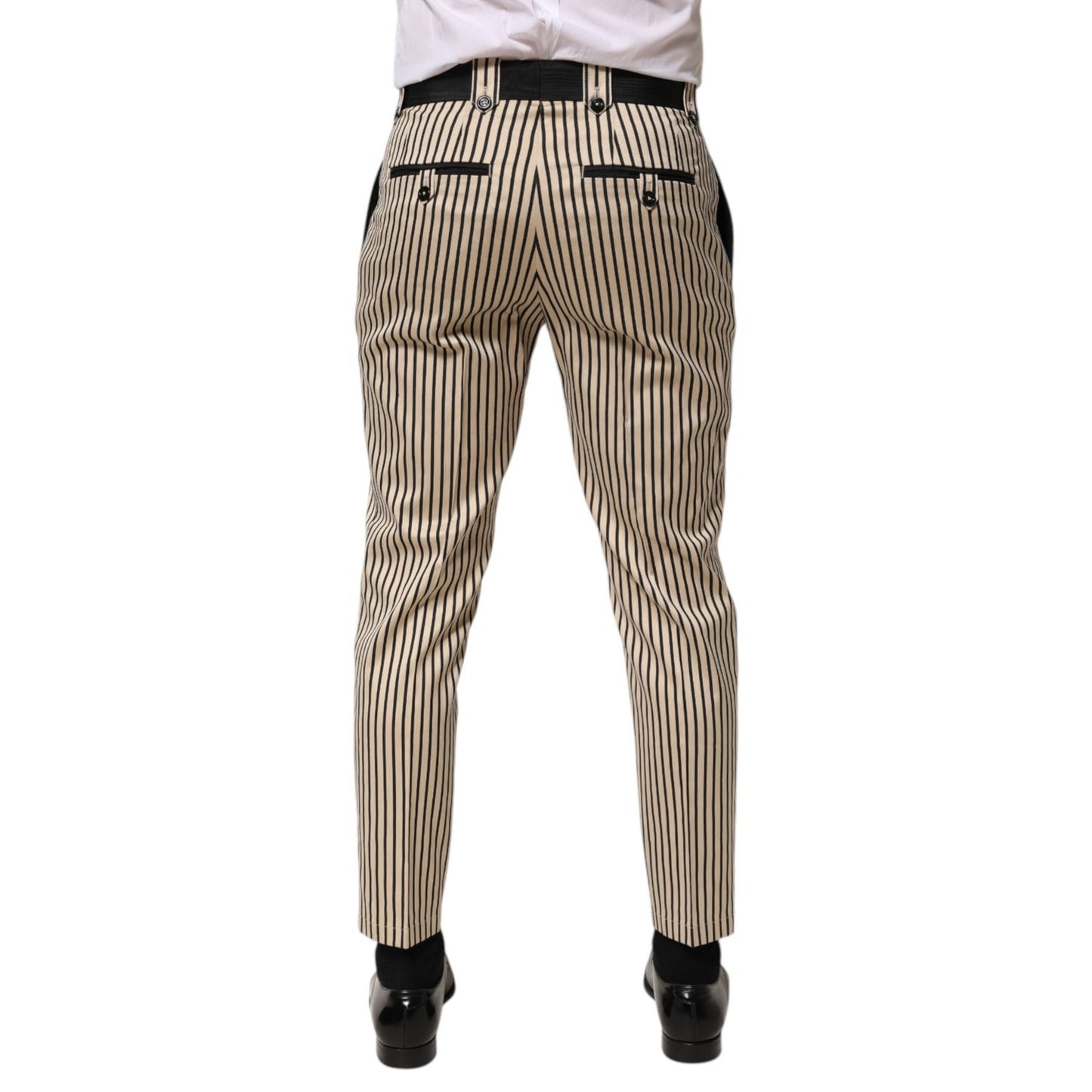 Dolce & Gabbana Beige Black Striped Cotton Slim Fit Trousers Pants, back view, showcasing vertical stripes and tapered design.