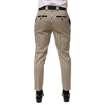 Dolce & Gabbana Beige Black Striped Cotton Slim Fit Trousers Pants, back view, showcasing vertical stripes and tapered design.