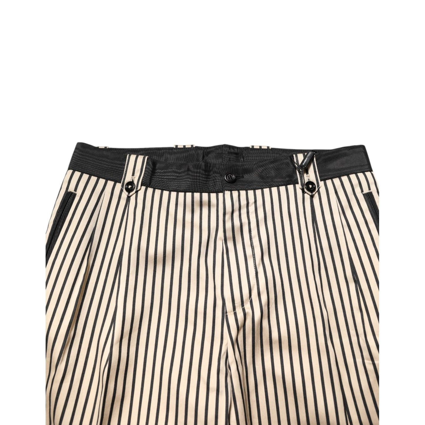 Dolce & Gabbana Beige Black Striped Cotton Slim Fit Trousers Pants with elegant vertical design and high-quality craftsmanship.