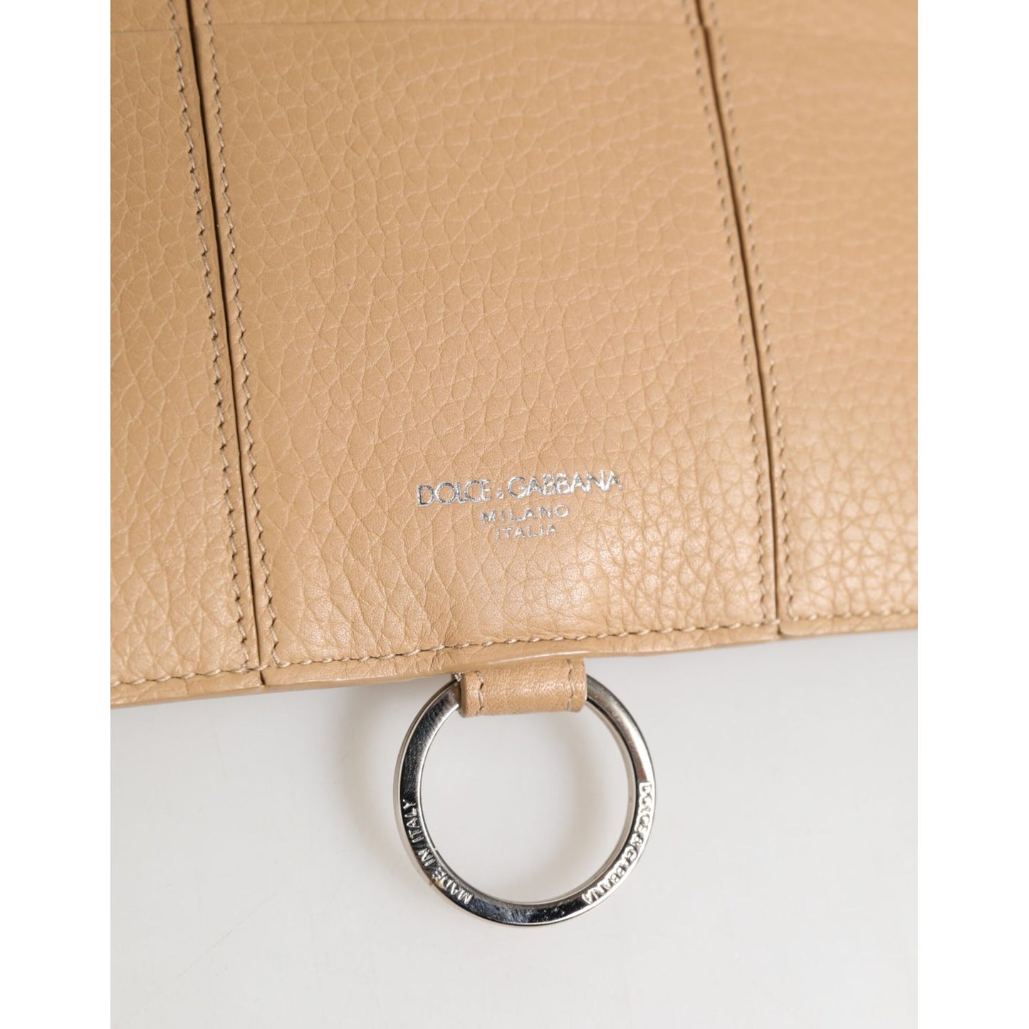 Dolce & Gabbana Beige Calfskin Leather Large Crossbody Card Holder Wallet with logo detail and keyring attachment, pebbled texture.