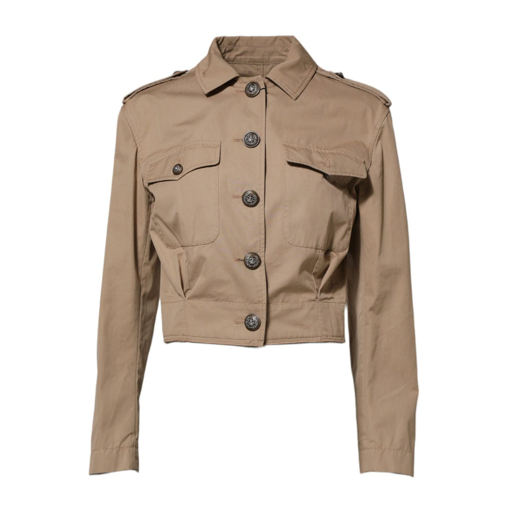 Dolce & Gabbana Beige Cotton Button Up Fitted Cropped Jacket with long sleeves and front pockets