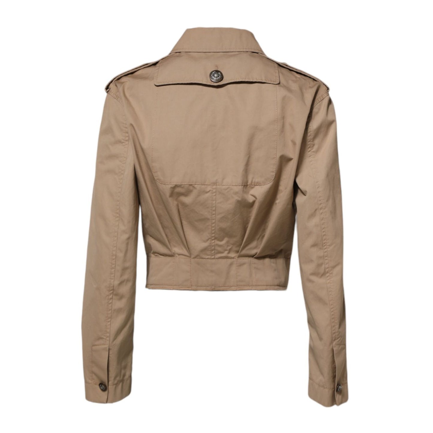 Back view of Dolce & Gabbana Beige Cotton Button Up Fitted Cropped Jacket showcasing classic design and elegance.