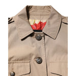 Dolce & Gabbana Beige Cotton Button Up Fitted Cropped Jacket featuring classic collar and intricate button details.