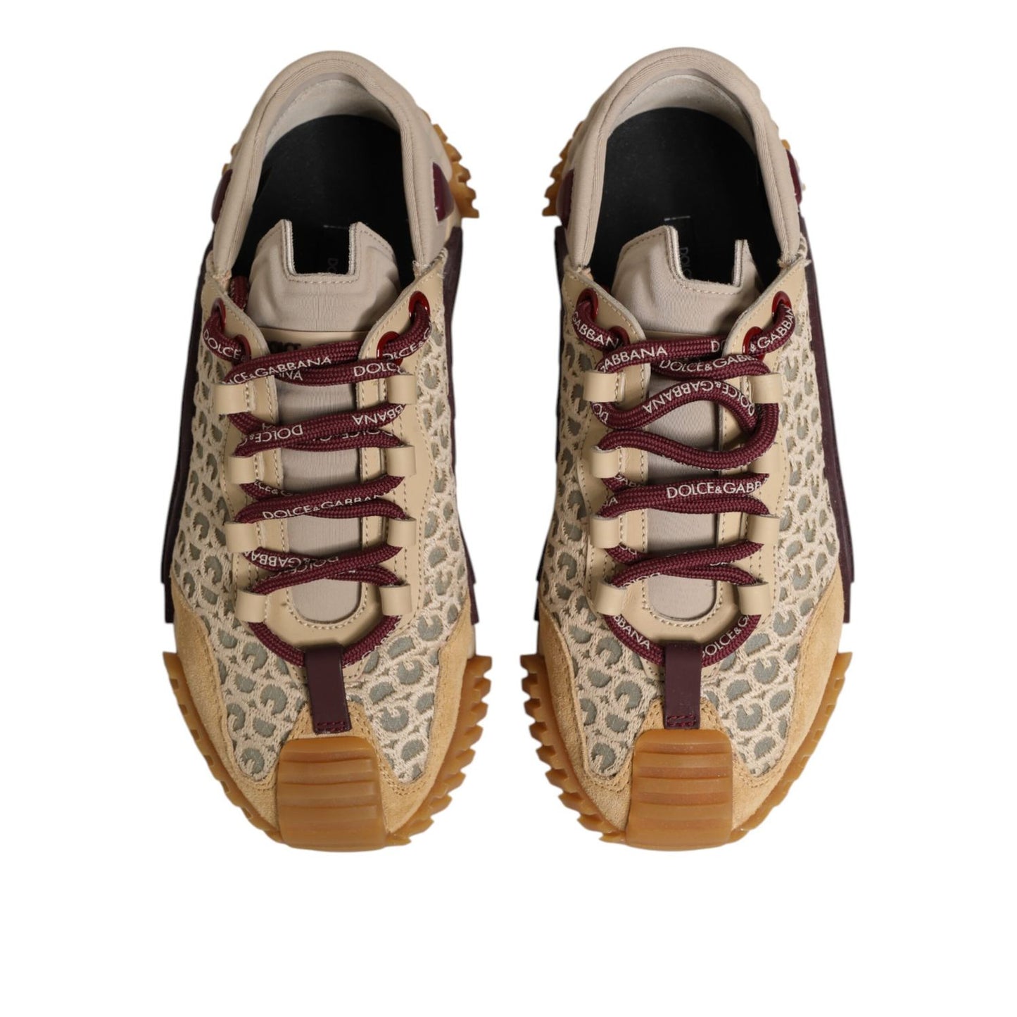 Dolce & Gabbana Beige Neoprene DG Logo NS1 Lace Sneakers Shoes with burgundy laces and geometric rubber sole, crafted in Italy.