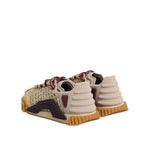 Dolce & Gabbana Beige Neoprene DG Logo NS1 Lace Sneakers Shoes side view with mesh, suede, and burgundy accents, crafted in Italy.