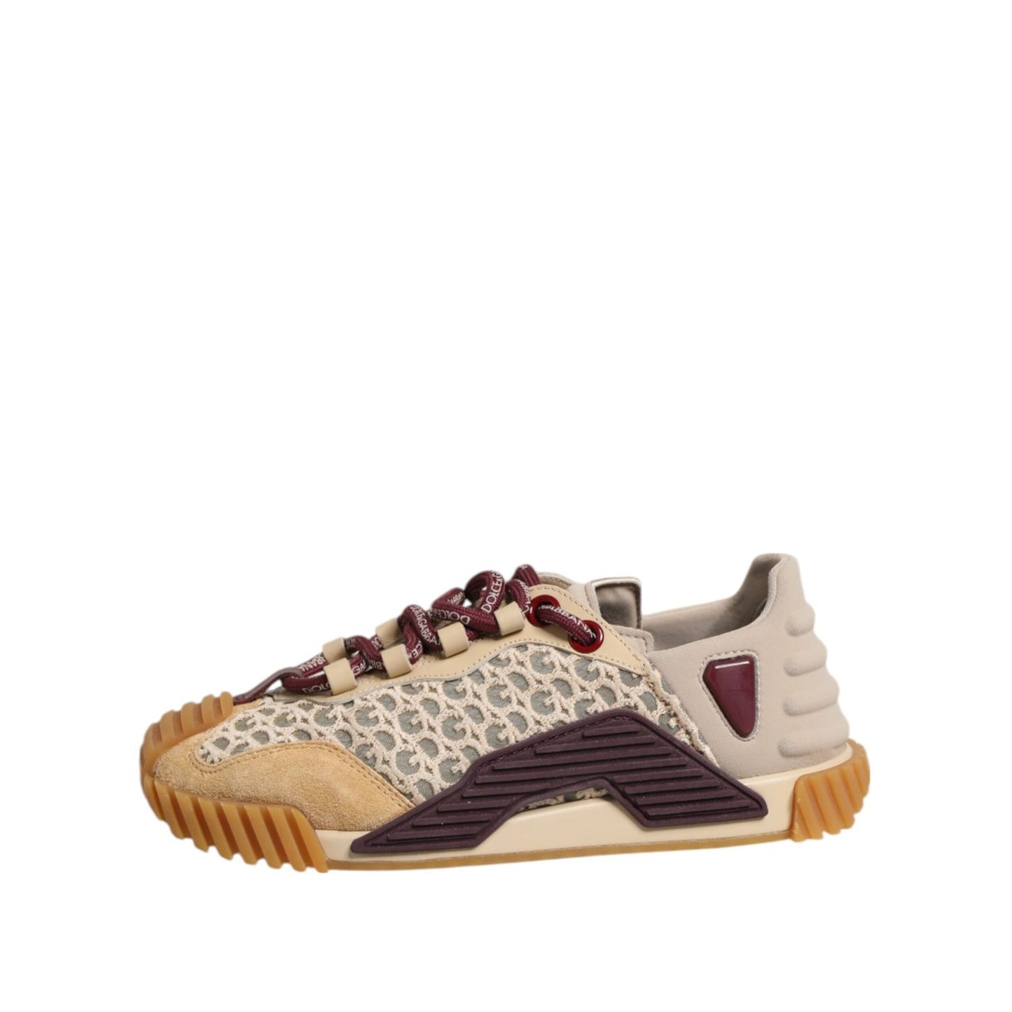 Dolce & Gabbana Beige Neoprene DG Logo NS1 Lace Sneakers Shoes with burgundy laces and geometric sole, side view.