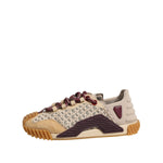 Dolce & Gabbana Beige Neoprene DG Logo NS1 Lace Sneakers Shoes with burgundy laces and geometric sole, side view.