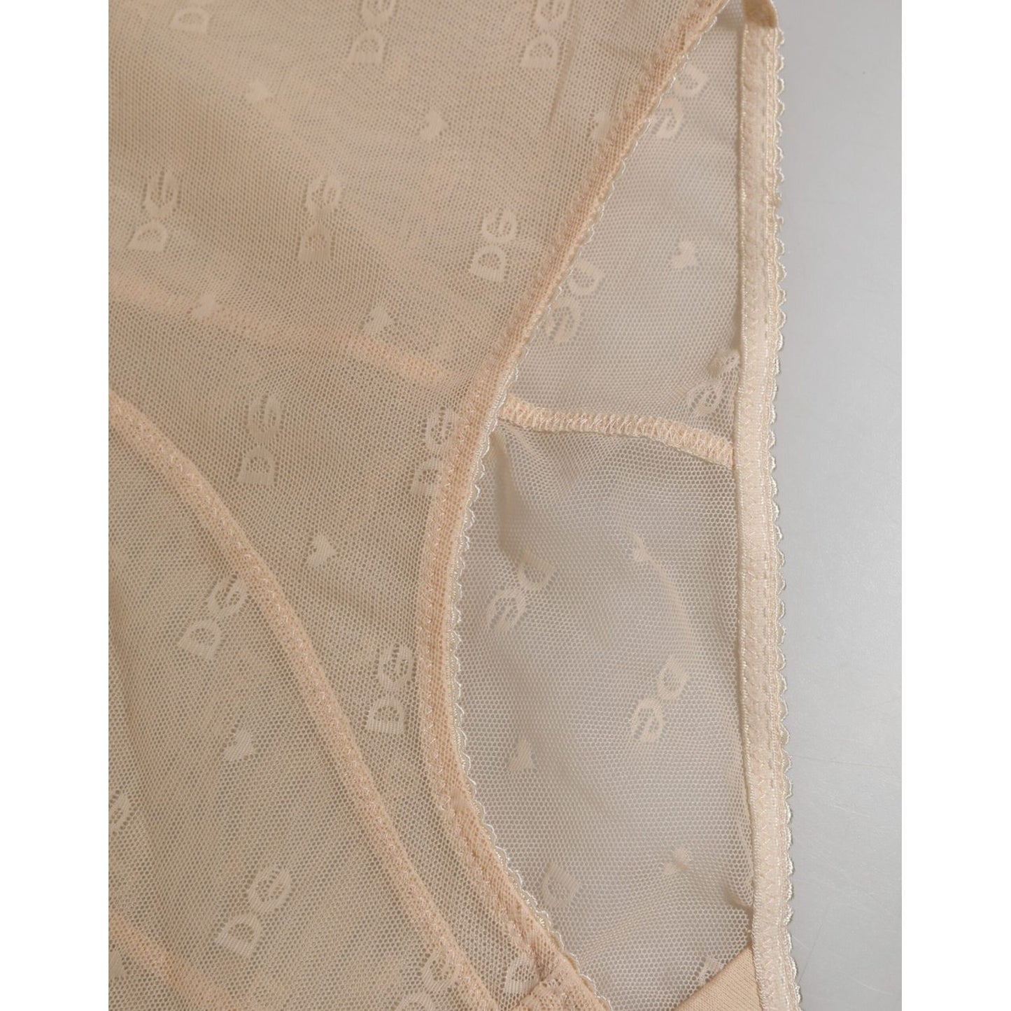 Close-up of Dolce & Gabbana Beige Nylon High Waist Girdle Panty Underwear with logo detail and elegant design.