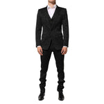 Dolce & Gabbana Black 3 Piece Brocade Jacquard Suit MARTINI with floral pattern, featuring a blazer, waistcoat, and trousers.