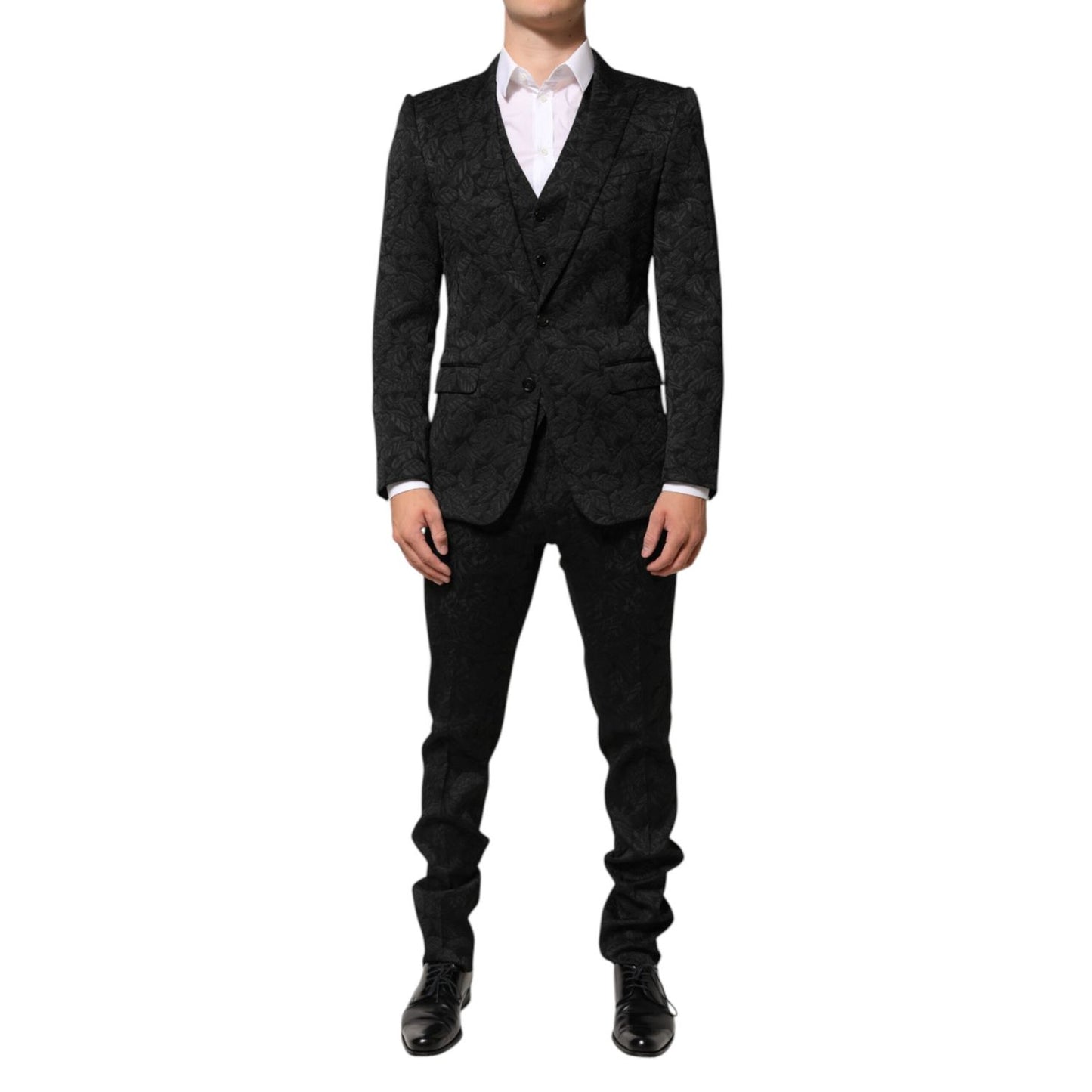 Dolce & Gabbana Black 3 Piece Brocade Jacquard Suit MARTINI featuring a floral pattern, ideal for weddings and high-end events.