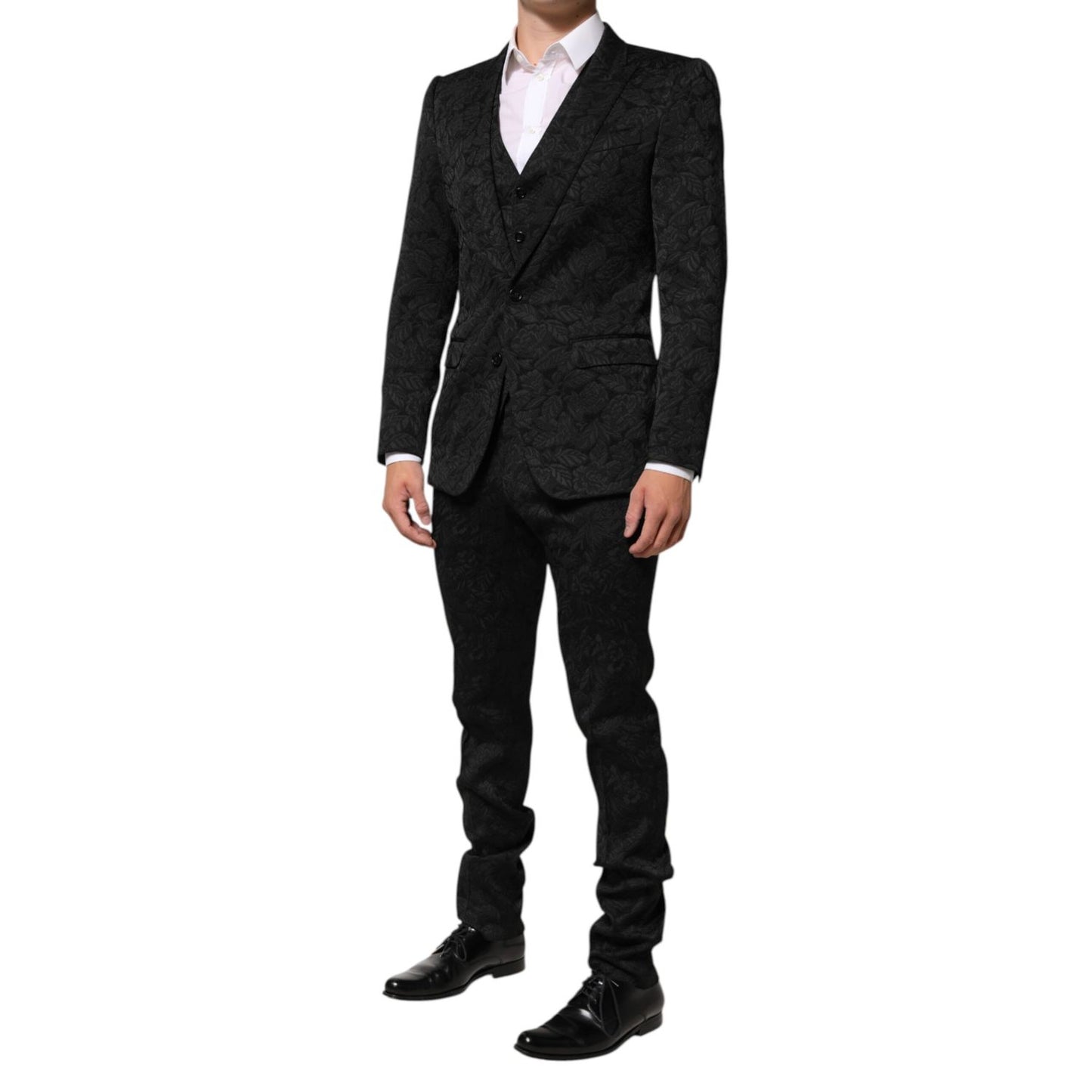 Model wearing Dolce & Gabbana Black 3 Piece Brocade Jacquard Suit MARTINI, featuring floral pattern, ideal for weddings and high-end events.