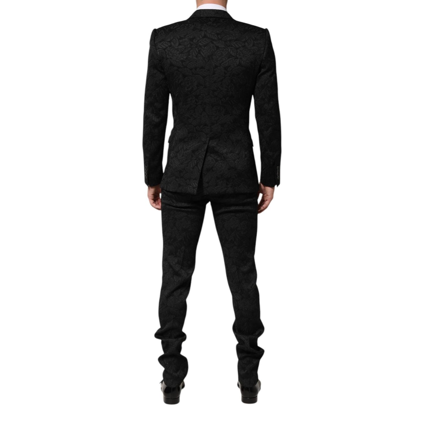 Back view of Dolce & Gabbana Black 3 Piece Brocade Jacquard Suit MARTINI with floral jacquard pattern, includes blazer, waistcoat, trousers.