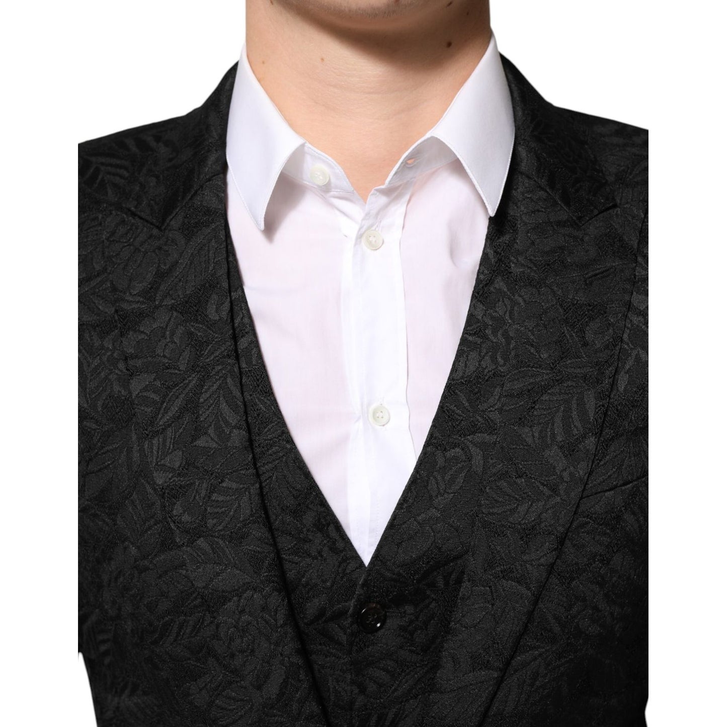 Dolce & Gabbana Black 3 Piece Brocade Jacquard Suit MARTINI close-up showing floral pattern and tailored elegance
