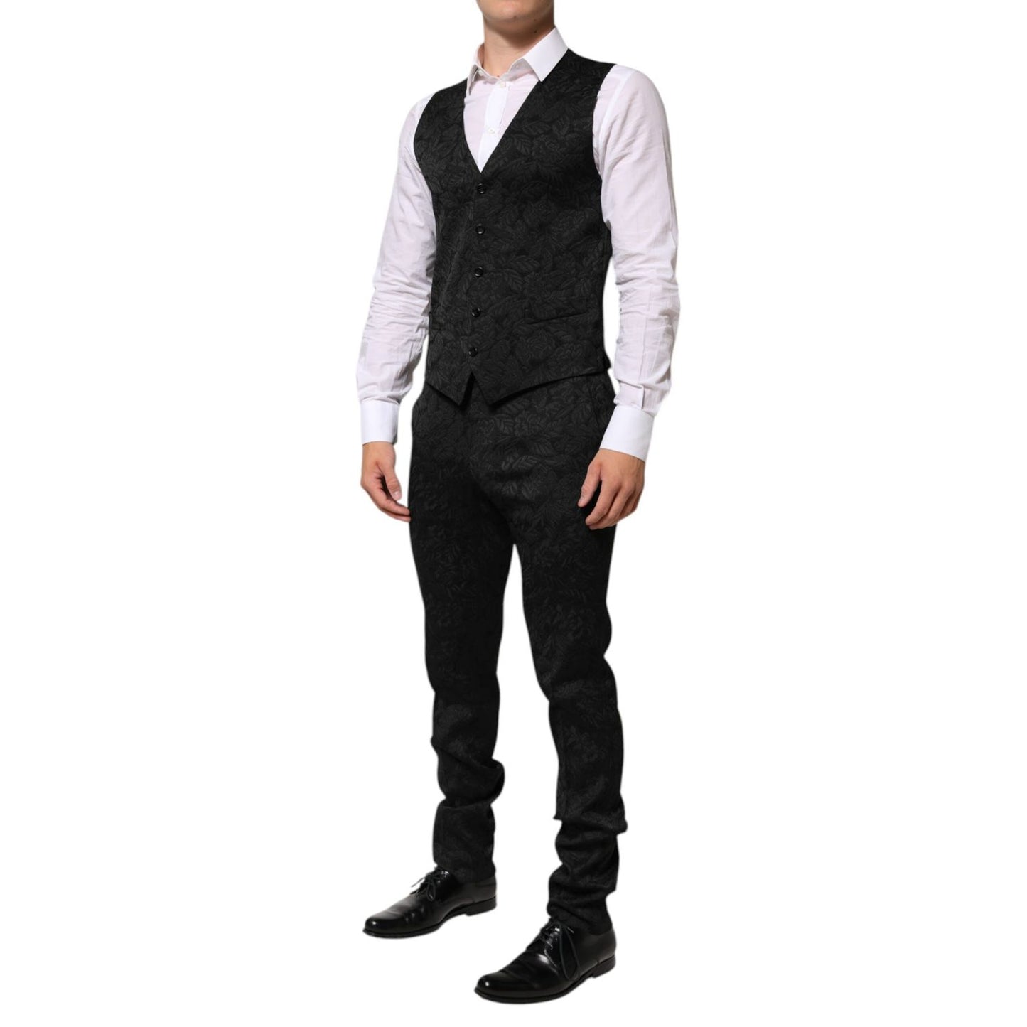 Dolce & Gabbana Black 3 Piece Brocade Jacquard Suit MARTINI with white shirt, showcasing modern luxury and Italian craftsmanship.