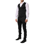 Dolce & Gabbana Black 3 Piece Brocade Jacquard Suit MARTINI with white shirt, showcasing modern luxury and Italian craftsmanship.