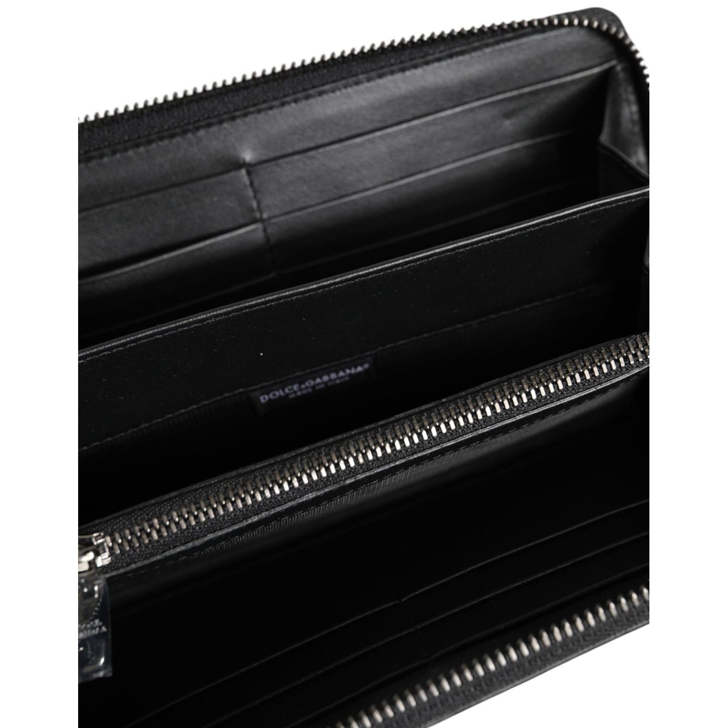 Interior of Dolce & Gabbana Black Brown Exotic Leather Men Continental Clutch Wallet showing card slots and zip compartments.