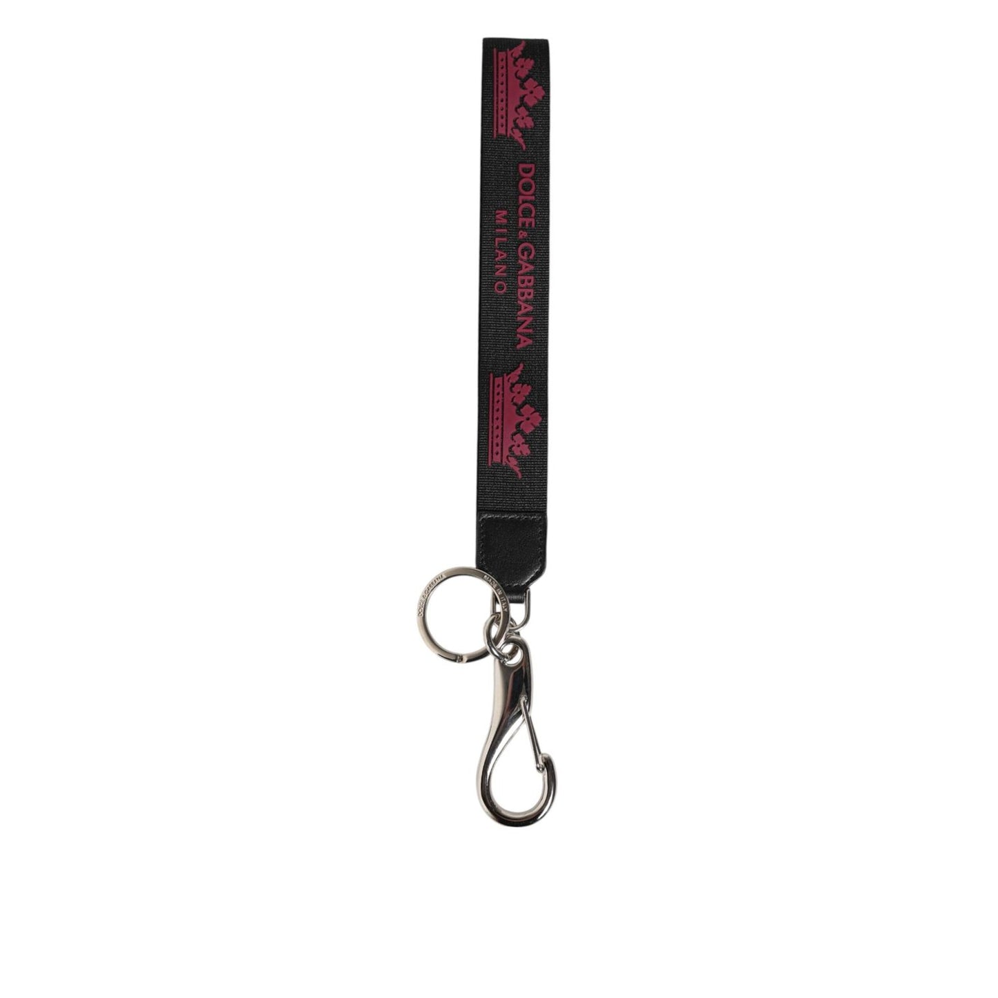 Dolce & Gabbana Black Burgundy Nylon DG Logo Crown Holder Keychain Keyring with silver-tone hardware.