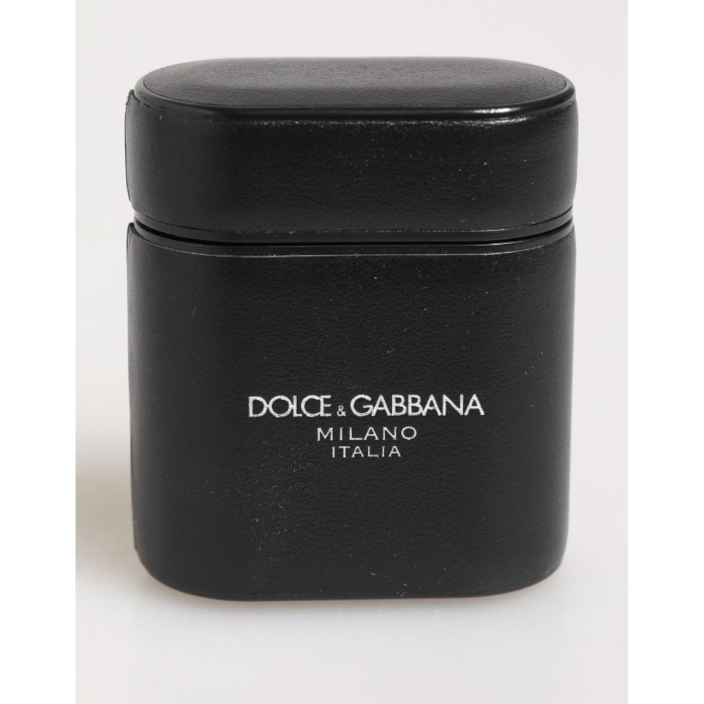 Dolce & Gabbana Black Calfskin Leather Logo Print Flip Holder Airpods Case featuring sleek design and luxury finish
