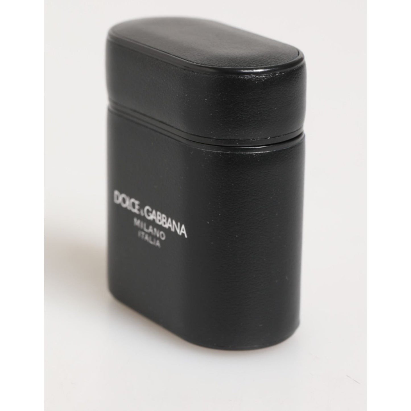 Dolce & Gabbana Black Calfskin Leather Logo Print Flip Holder Airpods Case in black leather with logo print