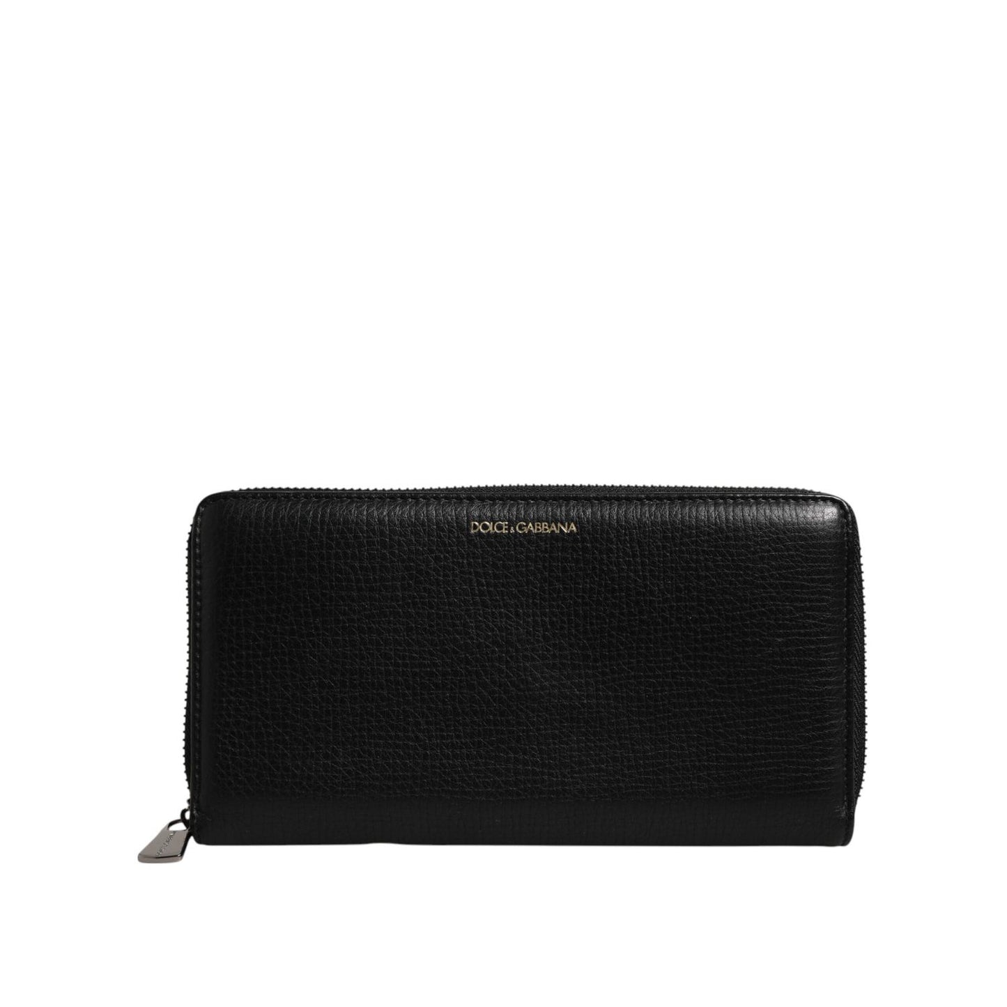 Dolce & Gabbana Black Calfskin Leather Logo Zip Around Continental Wallet with card slots, coin pocket, and zipper closure.