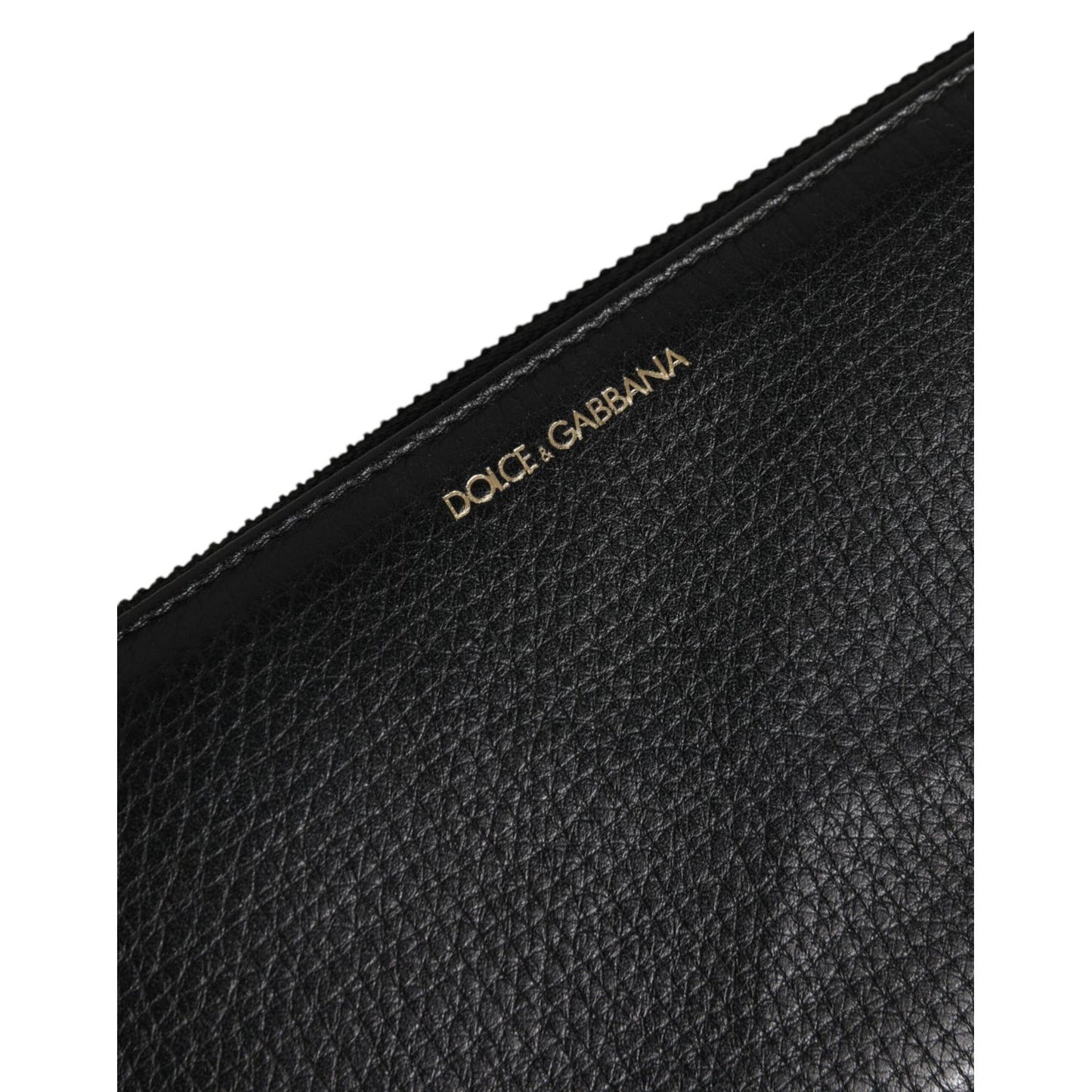 Dolce & Gabbana Black Calfskin Leather Logo Zip Around Continental Wallet with gold logo detail.
