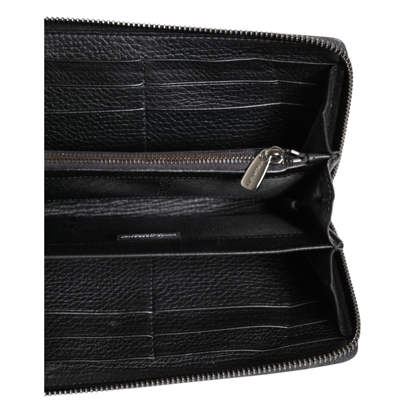 Interior view of Dolce & Gabbana Black Calfskin Leather Logo Zip Around Continental Wallet with card slots and coin pocket.