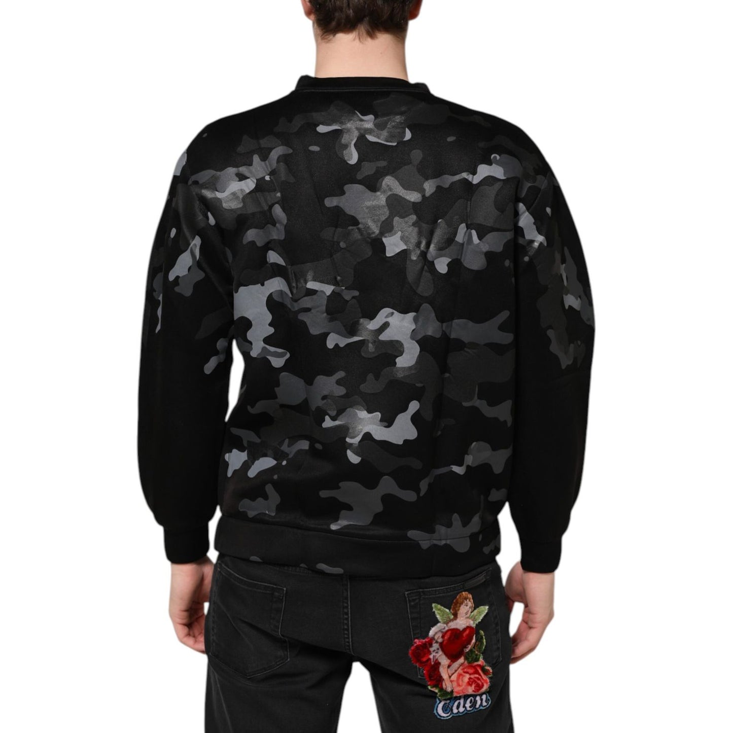 Dolce & Gabbana Black Camouflage Round Neck Sweatshirt Sweater in sleek design, model showcasing back view, blending style and comfort.