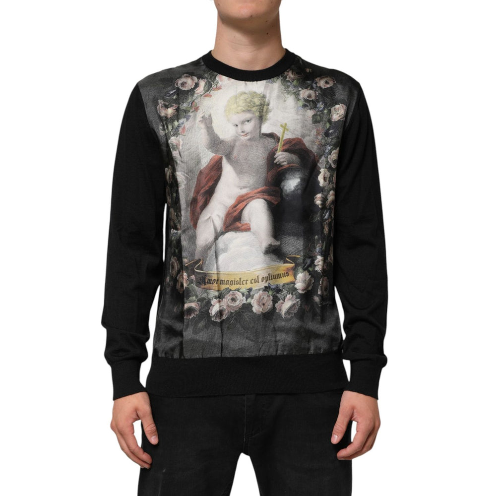 Dolce & Gabbana Black Cashmere Cherub Print Baroque Sweater with Italian elegance.