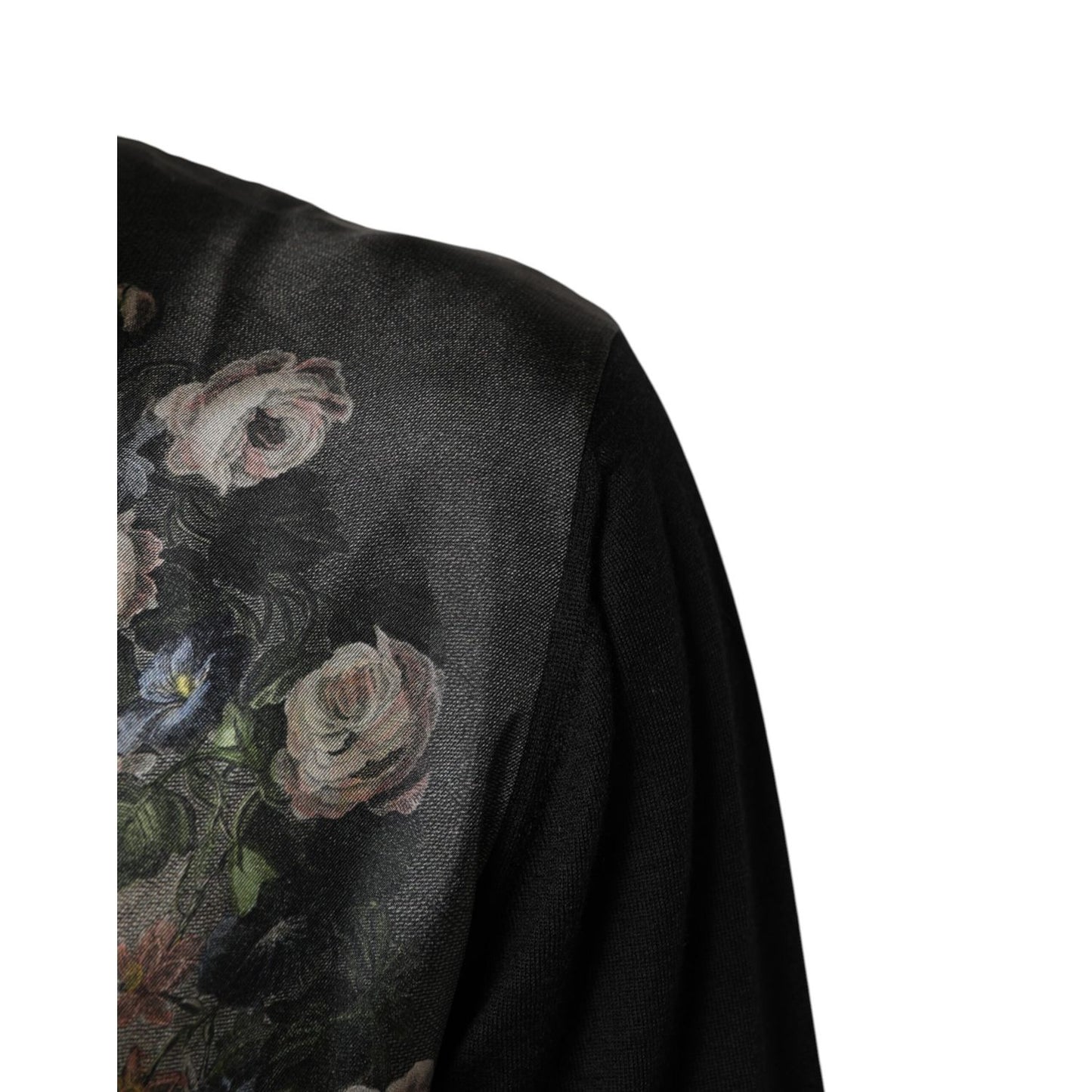 Dolce & Gabbana Black Cashmere Cherub Print Baroque Sweater showing detailed floral design