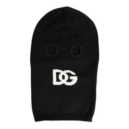 Dolce & Gabbana Black Cashmere Knitted Ski Mask Balaclava Hat with logo, made in Italy. Fashionable and luxurious winter accessory.