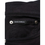 Dolce & Gabbana Black Cotton Blend Skinny Men Trouser Pants with logo detail on pocket and contrast stitching.